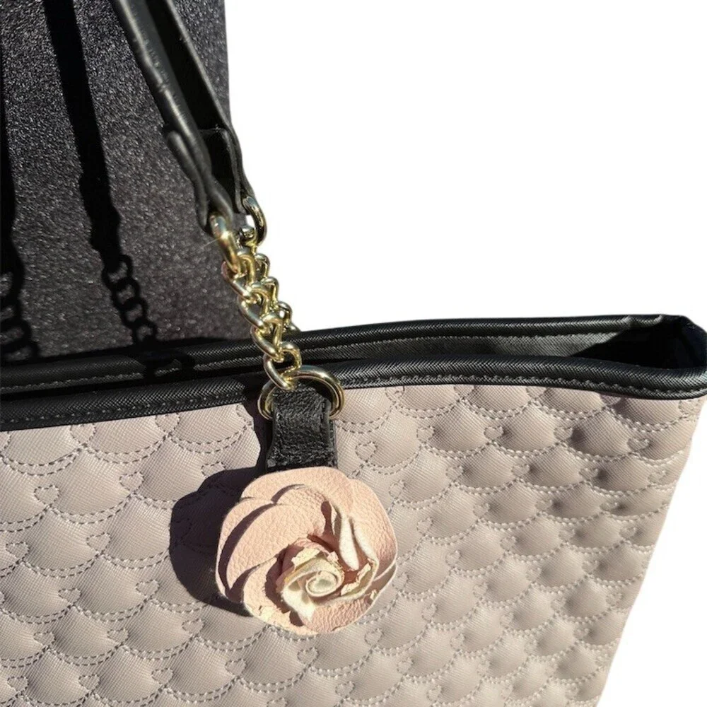 Betsey Johnson Quilted Tote Bag Large Light Grey Blush Black
